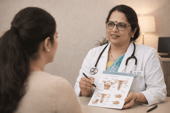 Dr. Asha Sharma, senior gynecologist at Ashirwad Health Clinic in Paschim Vihar West Delhi, consulting a female patient and explaining reproductive health using a medical chart.