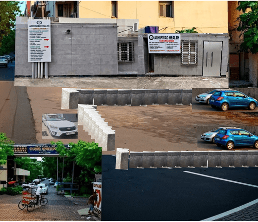 Exterior view of Ashirwad Health GH clinic at 10/9A, Sunder Apartments, Paschim Vihar, West Delhi, showing clinic signage and street access.