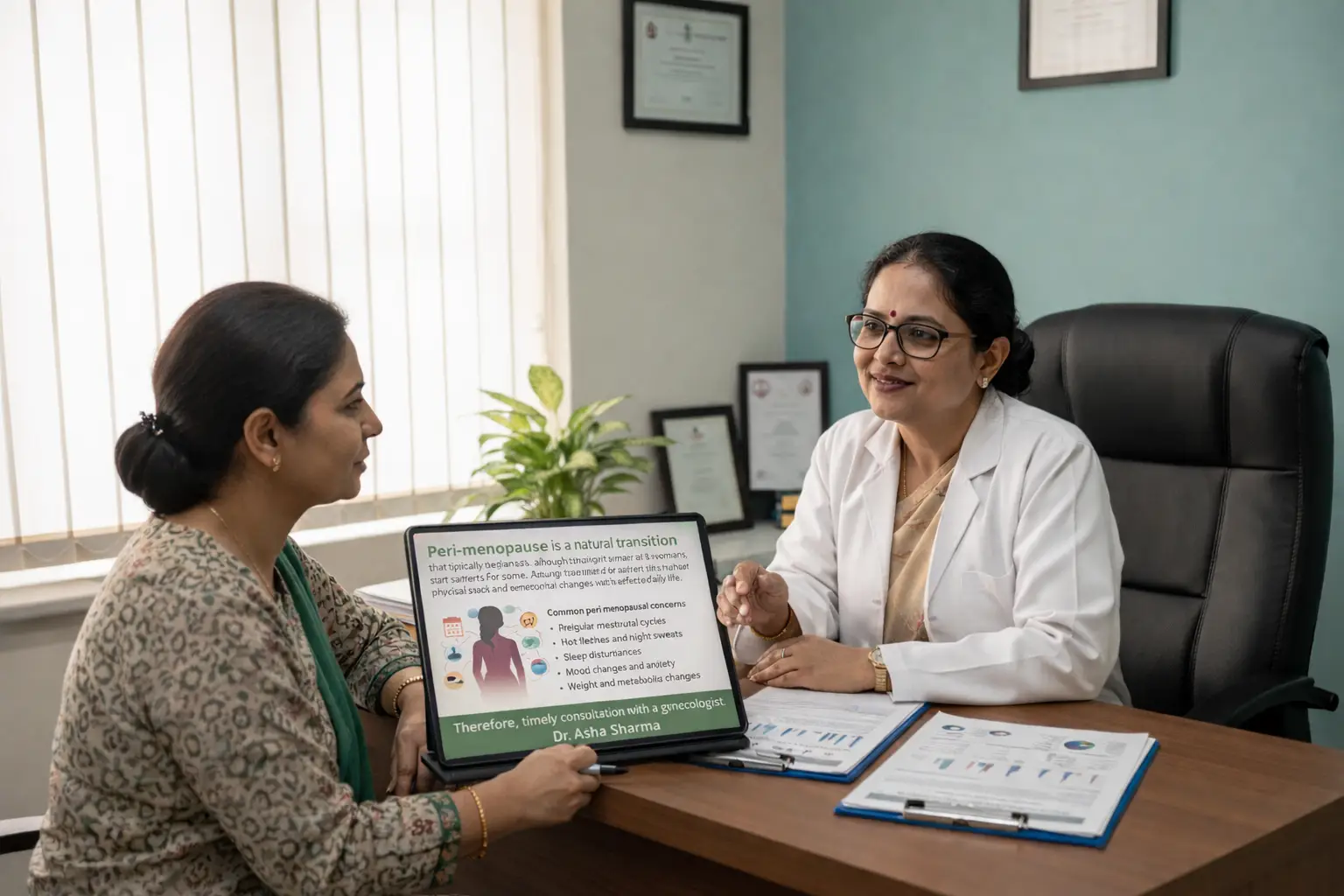 Senior gynecologist Dr. Asha Sharma consulting a patient at Ashirwad Health clinic in New Delhi, explaining perimenopause using a tablet.