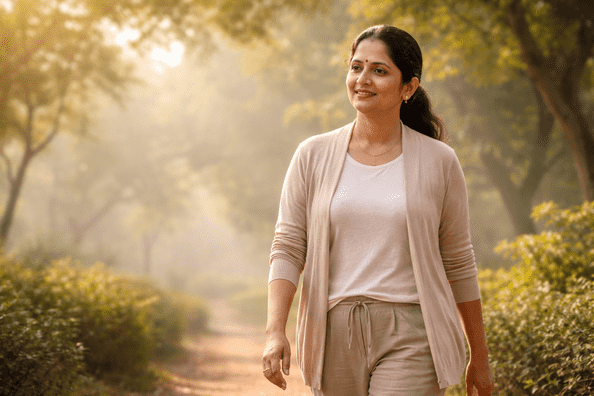 Indian woman aged 45–55 walking calmly outdoors in morning light, representing peri-menopause wellness care at a gynecology clinic in Delhi.