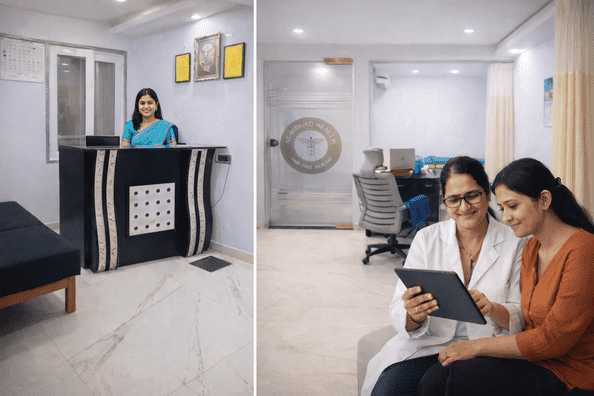 Indian female gynecologist Dr Asha Sharma consulting a patient inside Ashirwad Health clinic, Paschim Vihar, New Delhi