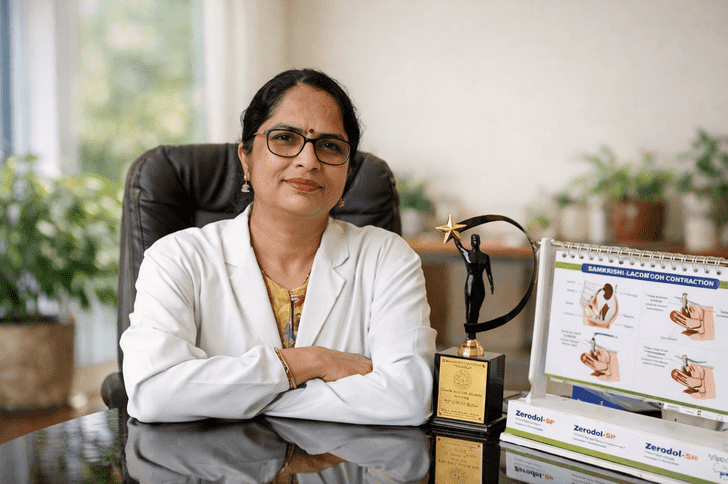 Dr. Asha Sharma gynecologist and obstetrician at her clinic desk with medical award and pregnancy care educational chart.