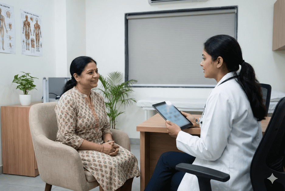 Dr. Asha Sharma, senior gynecologist at Ashirwad Health in Paschim Vihar, New Delhi, consulting a patient during a women’s health appointment.
