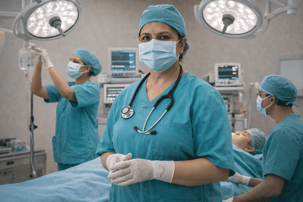 Senior obstetrician performing an obstetric surgical procedure in a modern operation theatre.