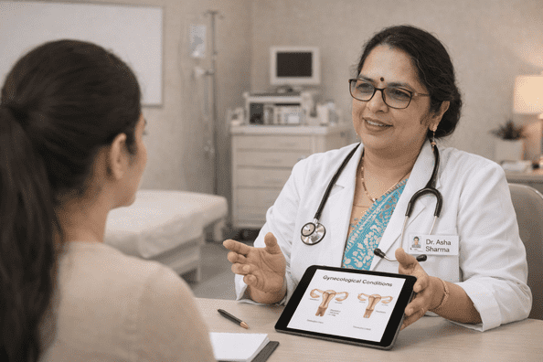 A gynecologist wearing a white coat and stethoscope explains a gynecological diagram on a tablet to a seated female patient during a clinic visit.