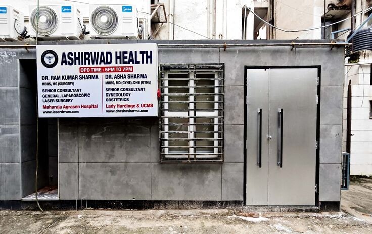 Exterior view of Ashirwad Health GH clinic at 10/9A, Sunder Apartments, Paschim Vihar, West Delhi, showing clinic signage and entrance.