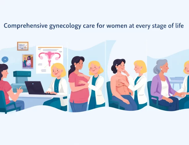 Illustration of a gynecologist providing consultation and examinations for women at different life stages in a clinic.
