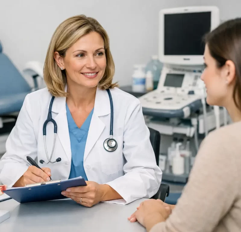 Female gynecologist consulting with a patient about preventive women’s health care in a modern clinic.