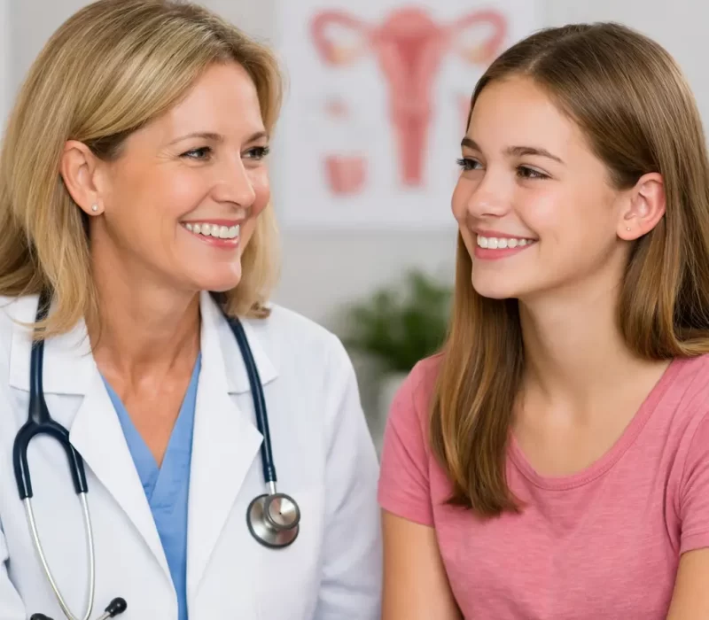 Gynecologist providing friendly and supportive care to a teenage girl during a clinic consultation, with both smiling and engaged in conversation.