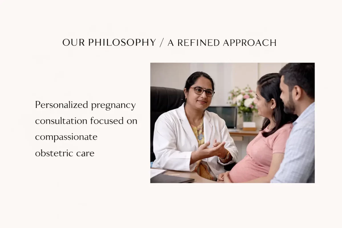 Obstetrician discussing pregnancy care plan with expecting parents in a calm consultation room