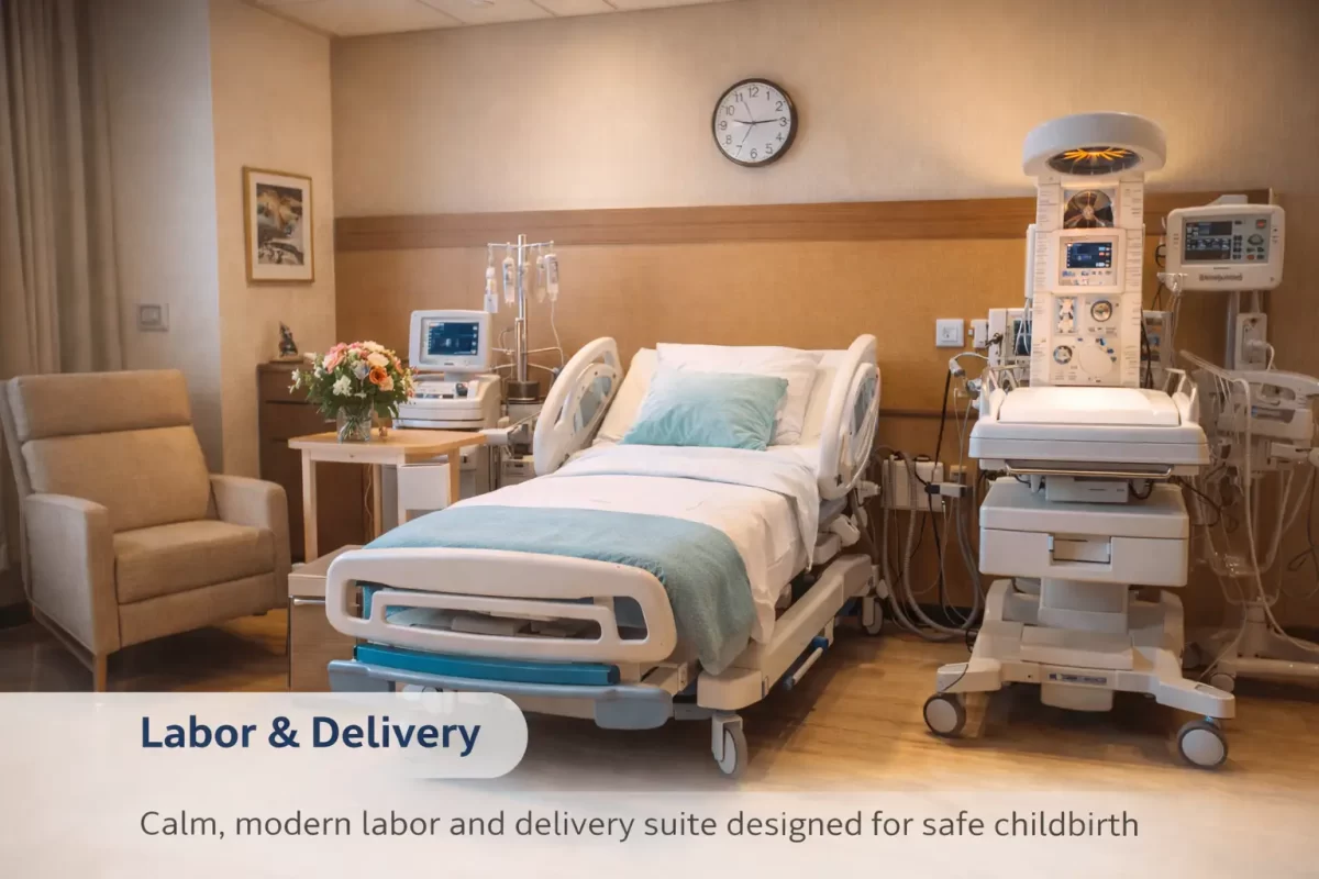 Modern labor and delivery room designed for safe and comfortable childbirth