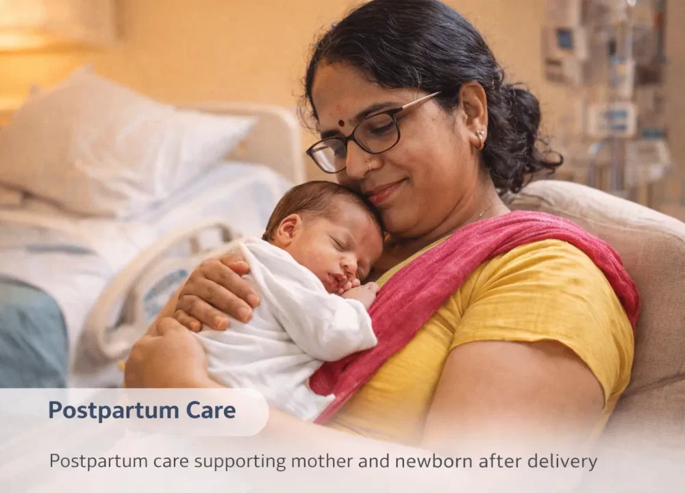 Mother holding her newborn baby during postpartum recovery